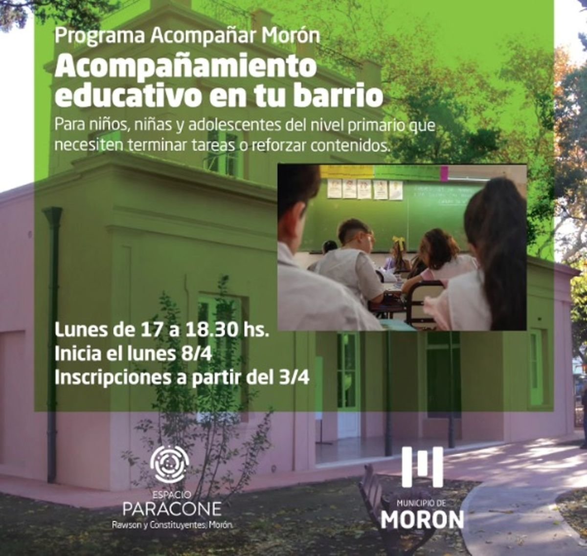 Acompa&ntilde;amiento educativo en tu barrio, uno de los talleres que promueve el espacio cultural Paracone en Mor&oacute;n.