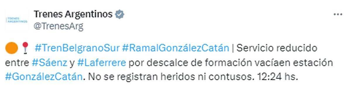 El Belgrano Sur funciona reducido por descalce de formaci&oacute;n en Gonz&aacute;lez Cat&aacute;n.