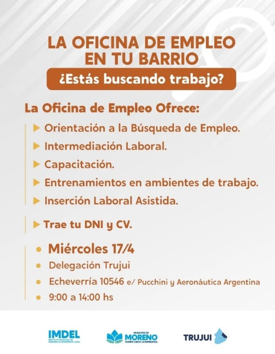 La oficina de empleo en tu barrio llega este abril a Trujui, partido de Moreno.