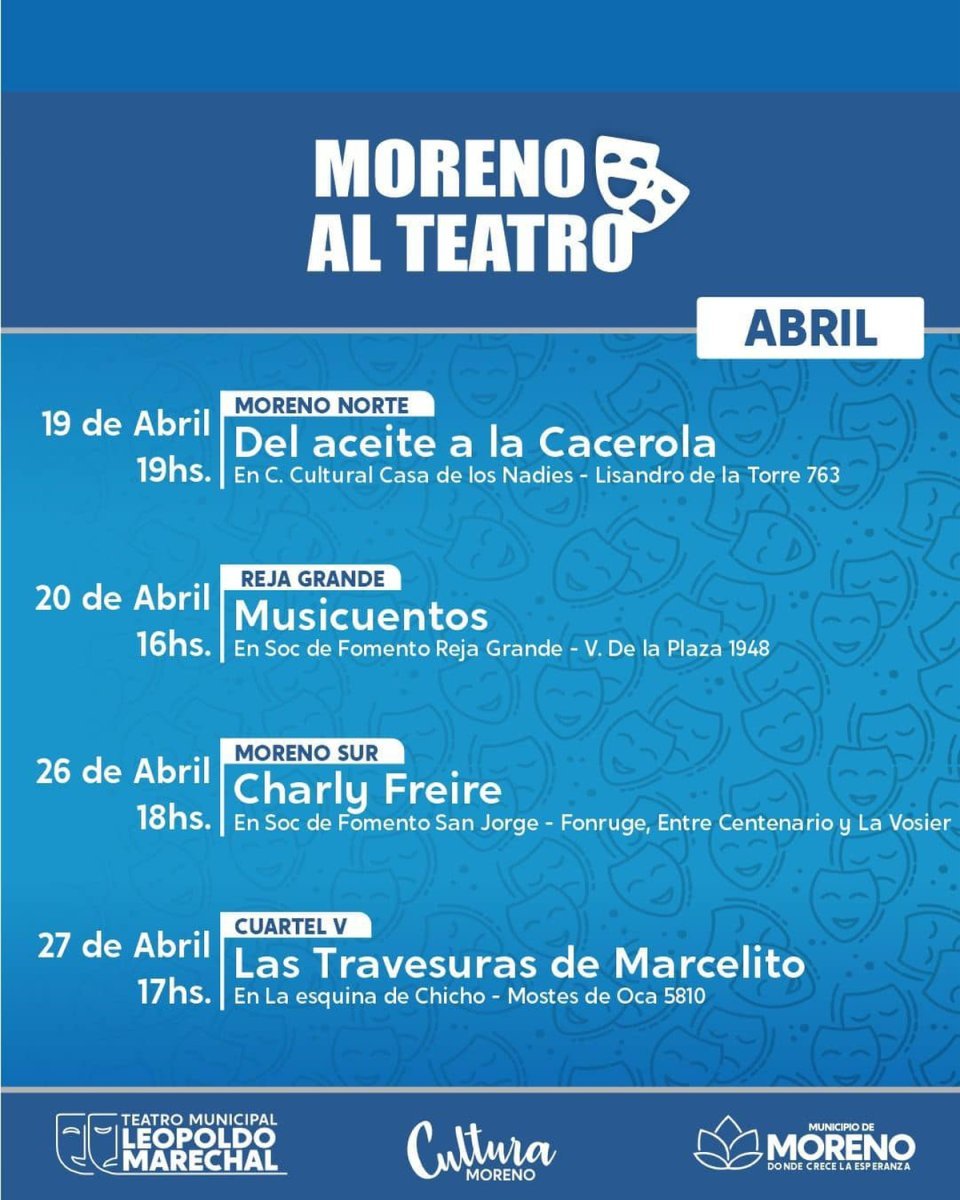 Las espect&aacute;culos gratuitos que tendr&aacute;n lugar en diferentes barrios de Moreno en abril 2024.