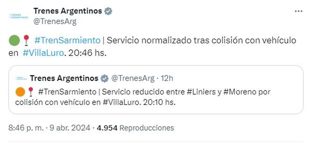 Una formaci&oacute;n del Tren Sarmiento arroll&oacute; a un auto en Villa Luro.