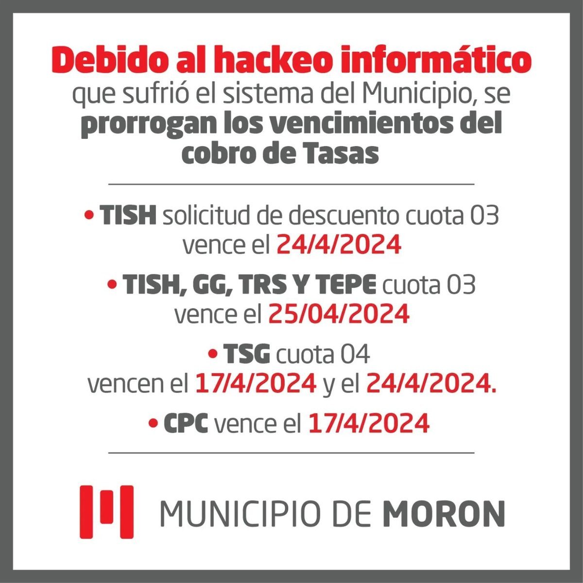 Mor&oacute;n prorroga el vencimiento del cobro de las tasas municipales de abril.