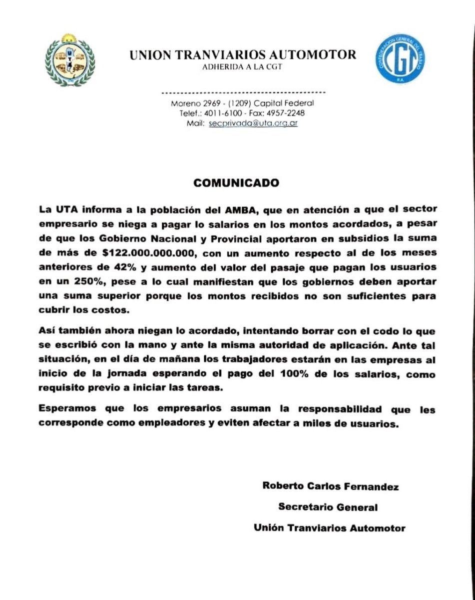 Sin acuerdo, la UTA amenazacon un paro de colectivos para este jueves
