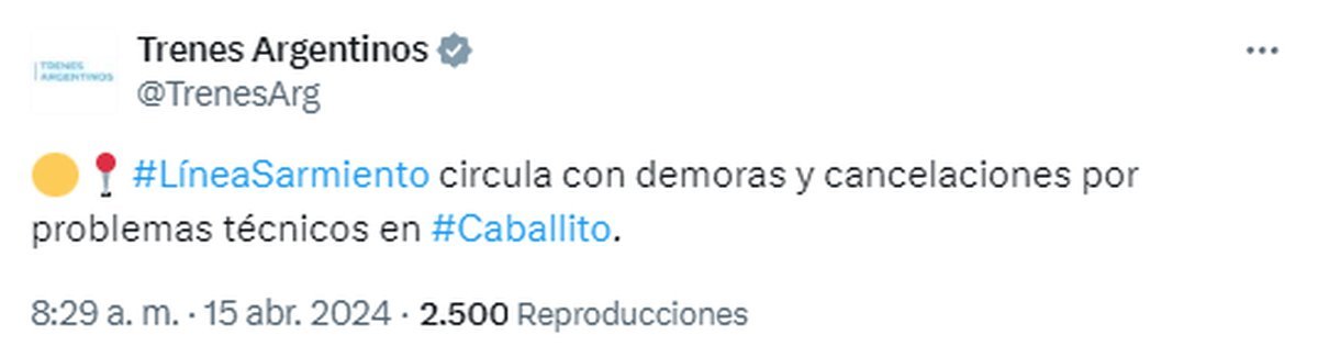 Las formaciones del Tren Sarmiento circulan con demoras por "problemas t&eacute;cnicos".