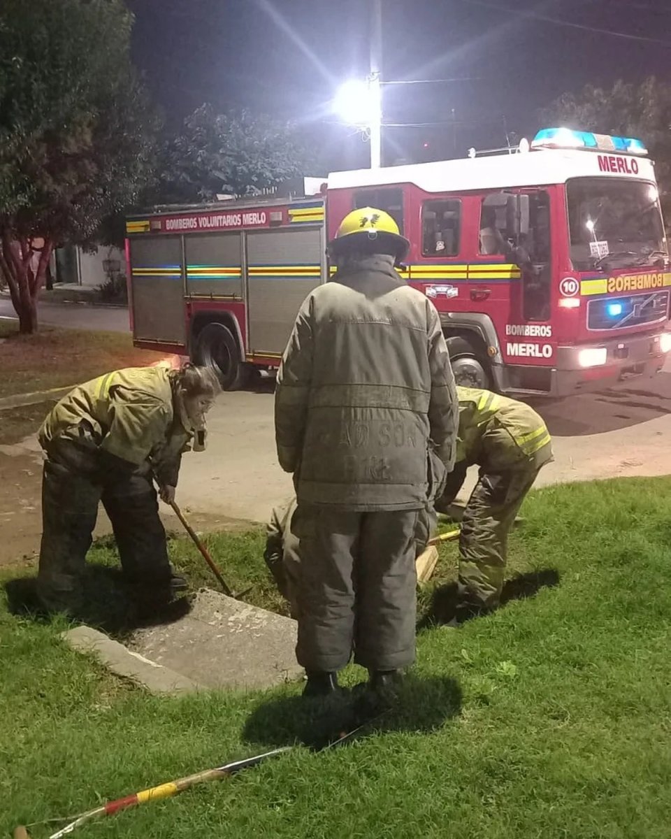 Los Bomberos de Merlo trabajando para sacar a la gatita atrapada.