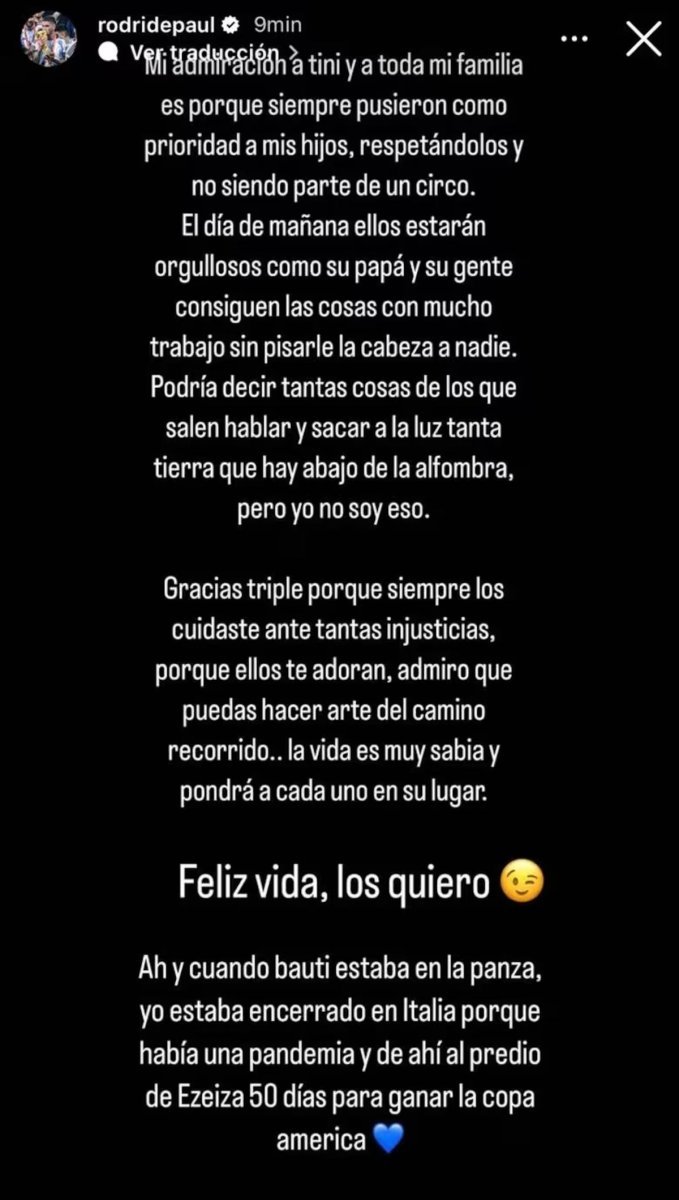 El mensaje de Rodrigo de Paul para Tini.