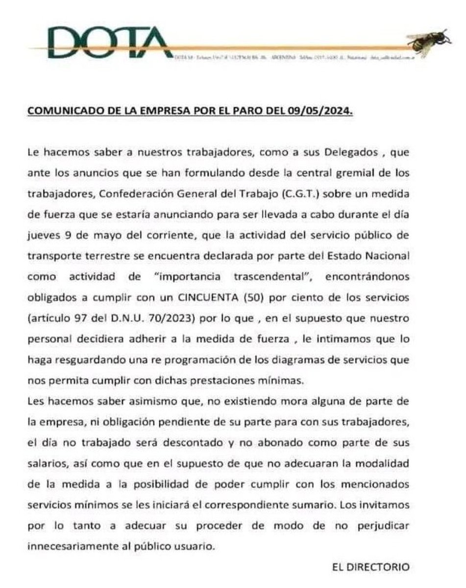 Pese al paro la empresa DOTA funcionar&aacute; igual.