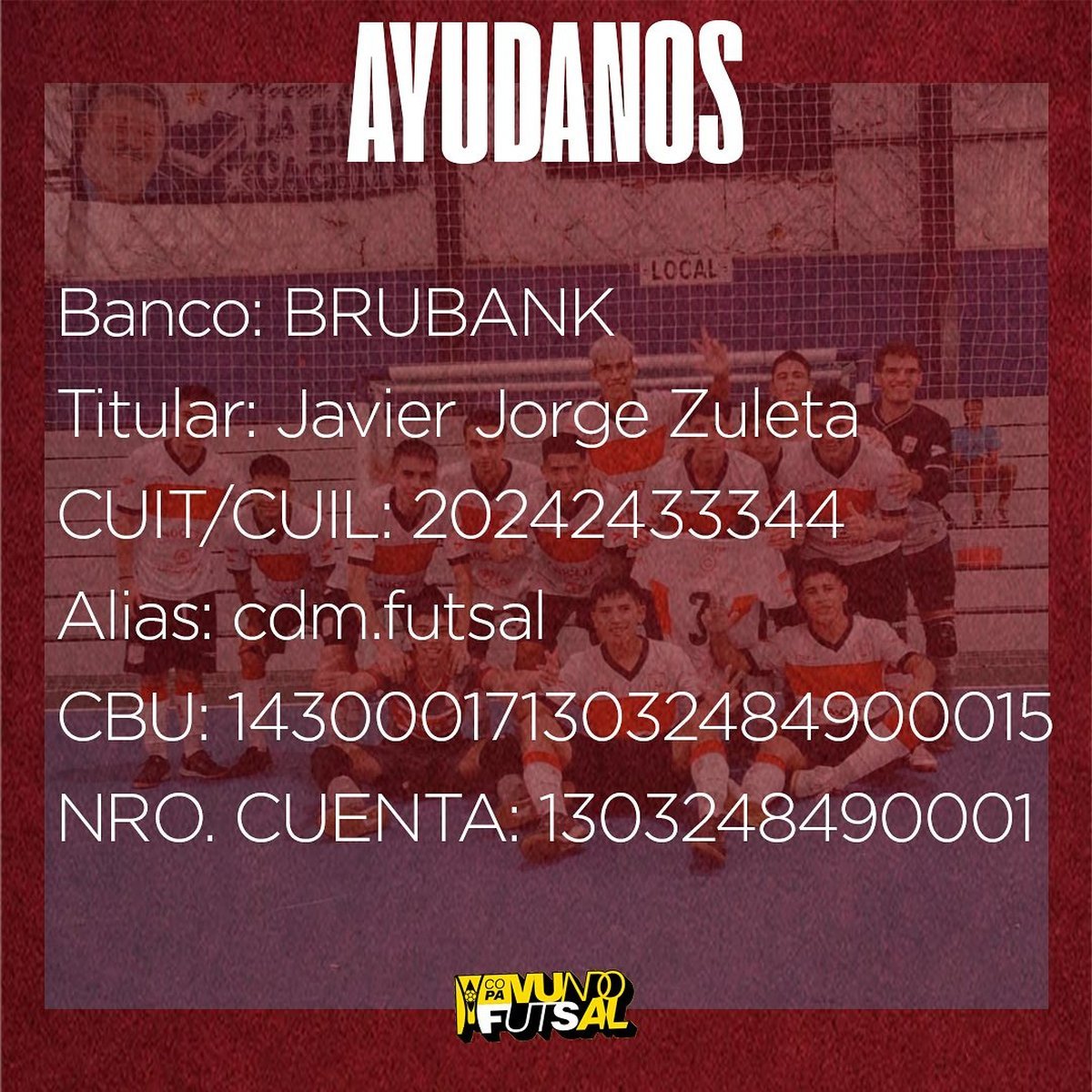 Los medios de donaci&oacute;n para el futsal del Club Deportivo Mor&oacute;n.