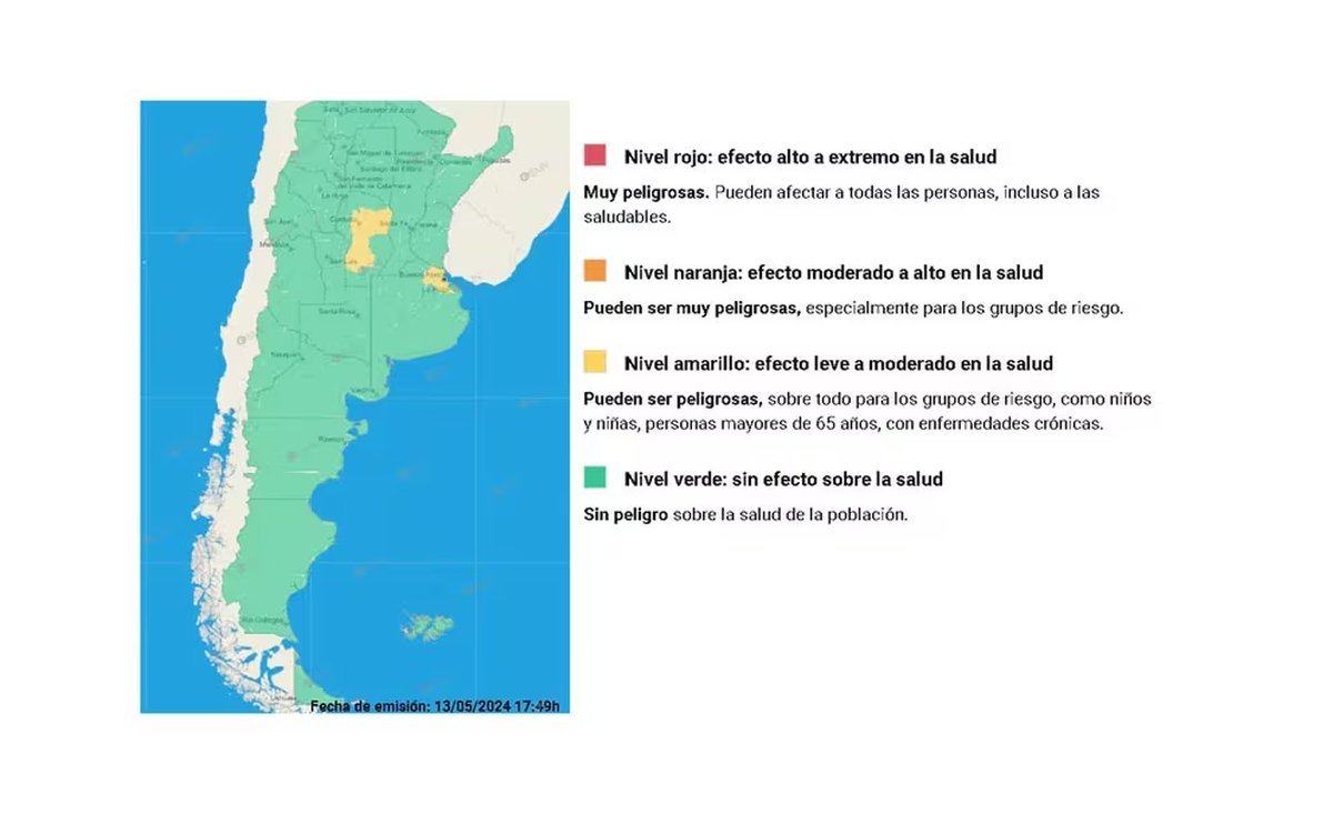 Mapa del clima del pa&iacute;s con alerta amarilla en C&oacute;rdoba y parte de Buenos Aires