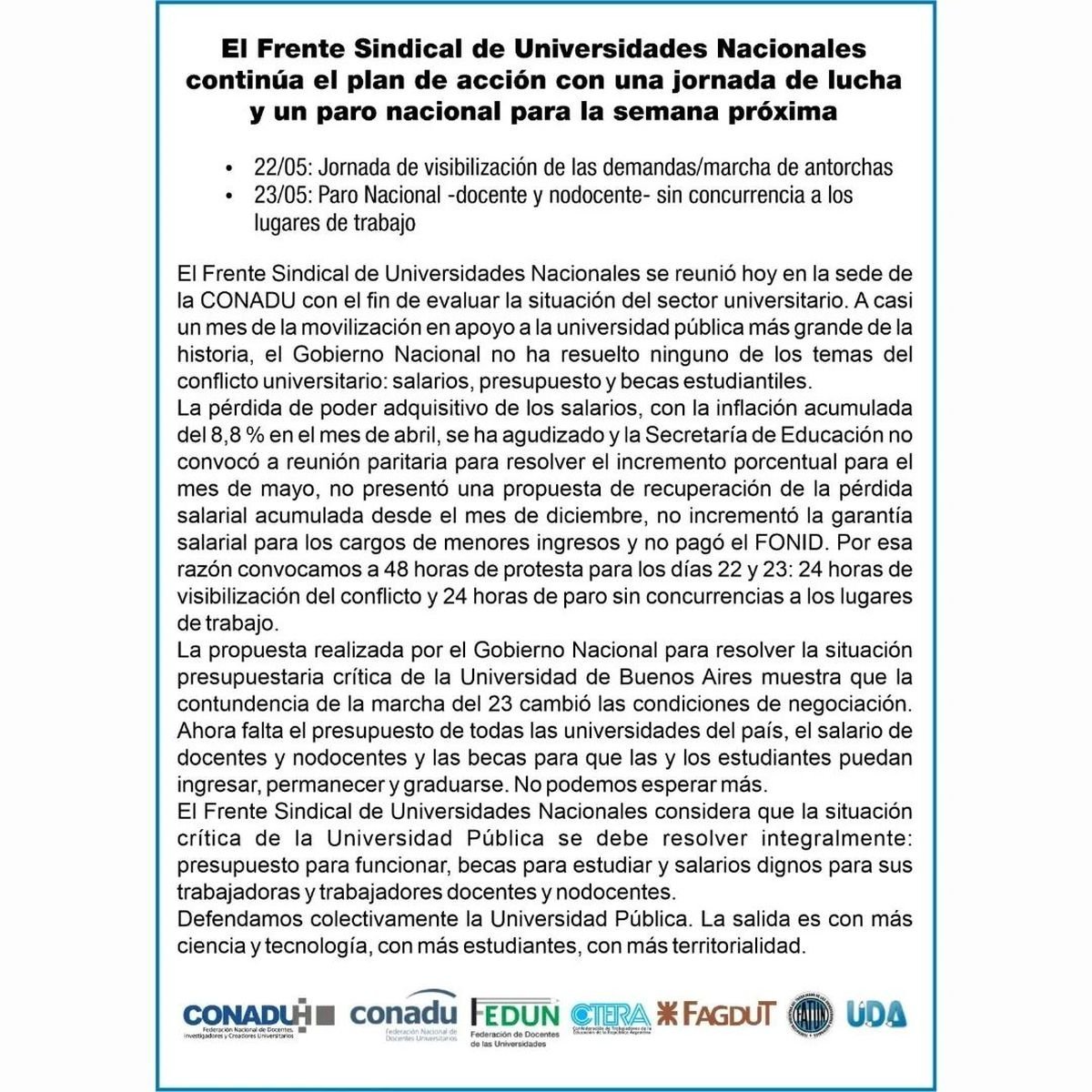 Tras el acuerdo entre el Gobierno y la UBA: convocan a un paro nacional universitario.