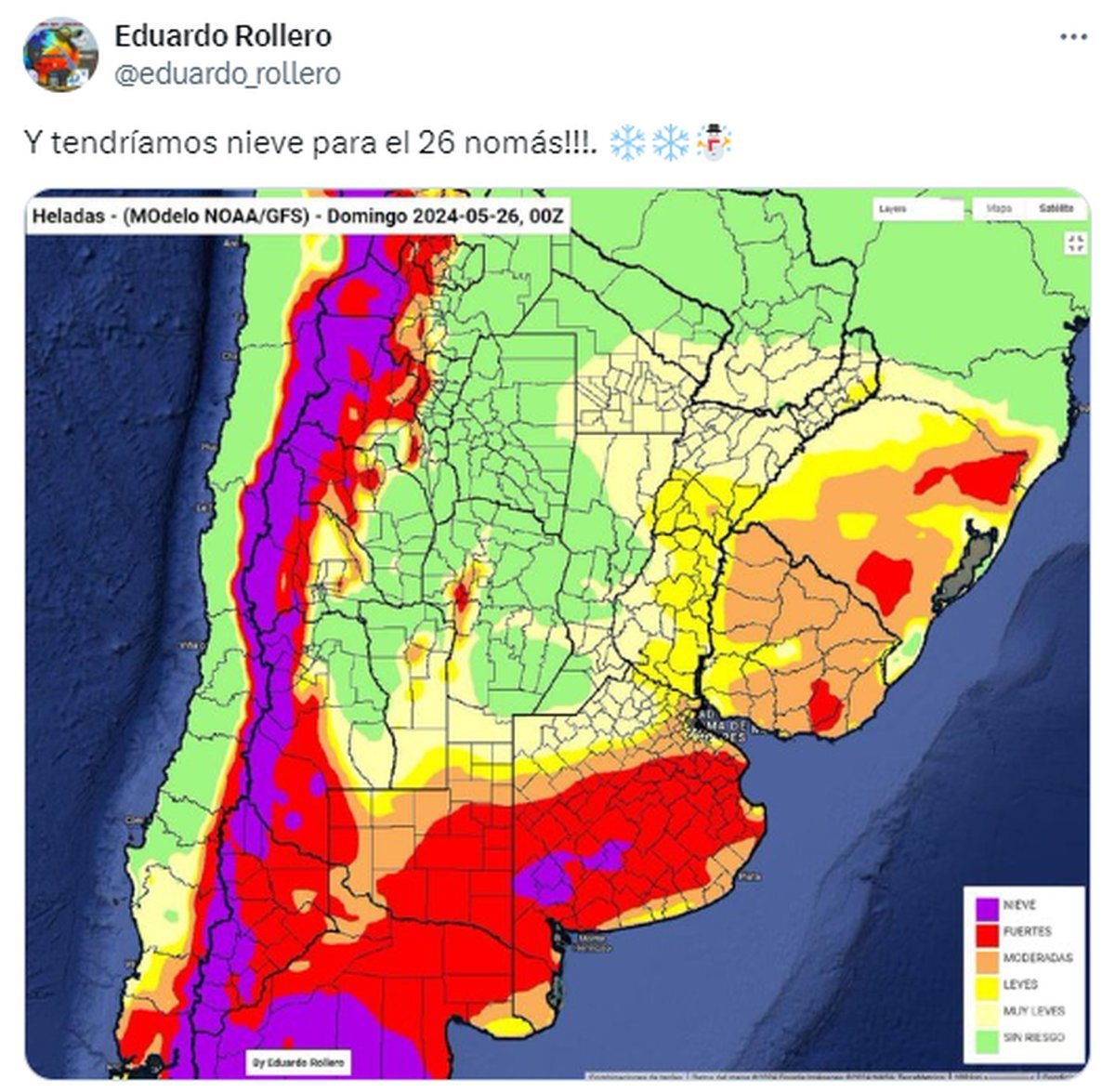 Podr&iacute;a caer nieve en Buenos Aires: el mapa que comparti&oacute;, Eduardo Rollero.