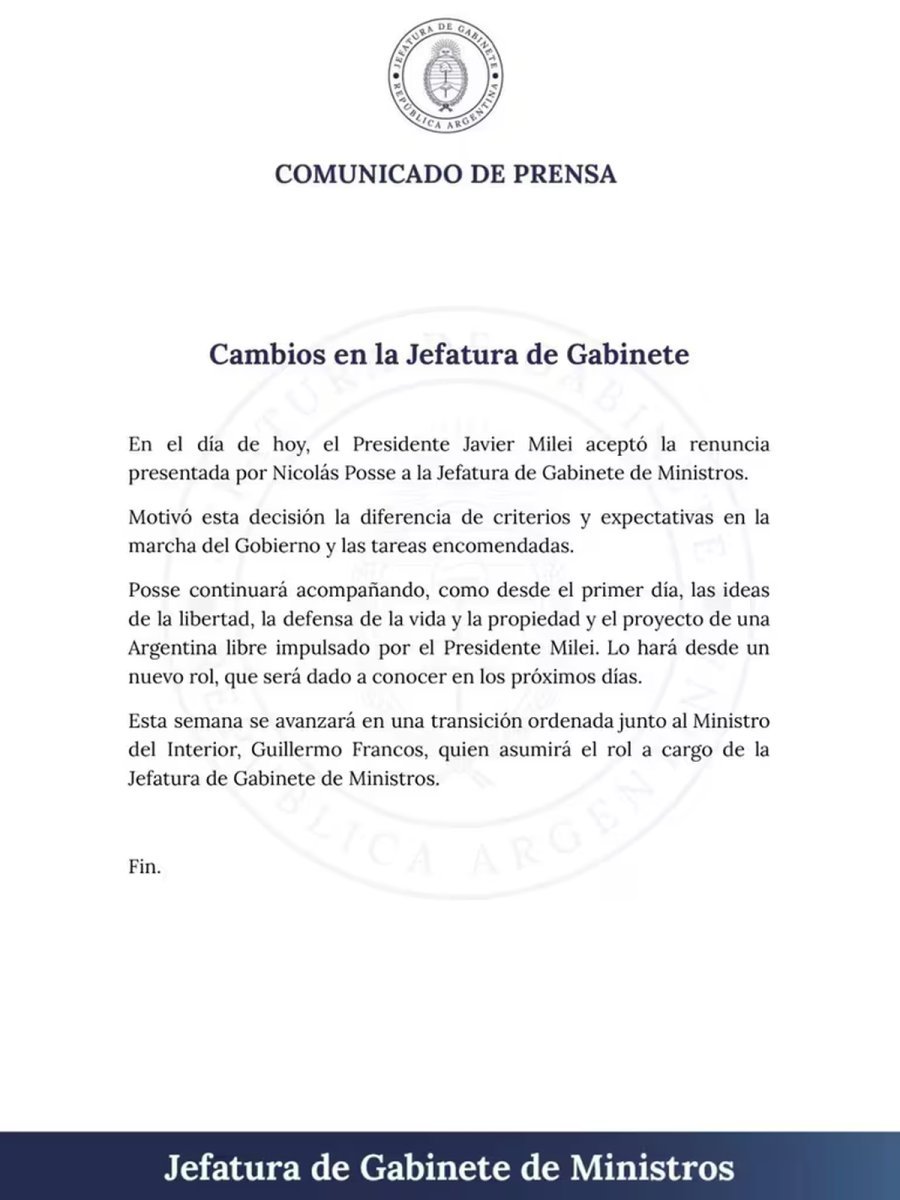 Comunicado de la renuncia de Nicol&aacute;s Posse a la jefatura de Gabinete