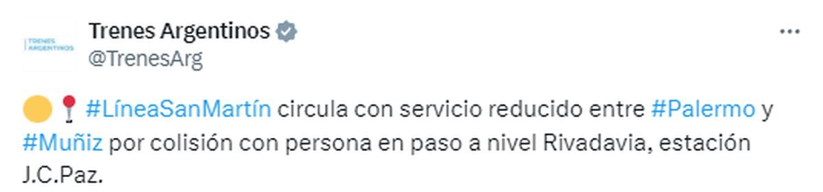El Tren San Mart&iacute;n circula con servicio condicional por accidente en Jos&eacute; C. Paz.