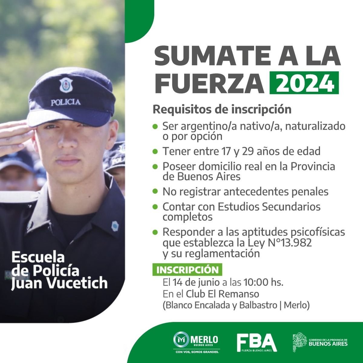 Convocatoria en Merlo para sumarse a la Polic&iacute;a Bonaerense.