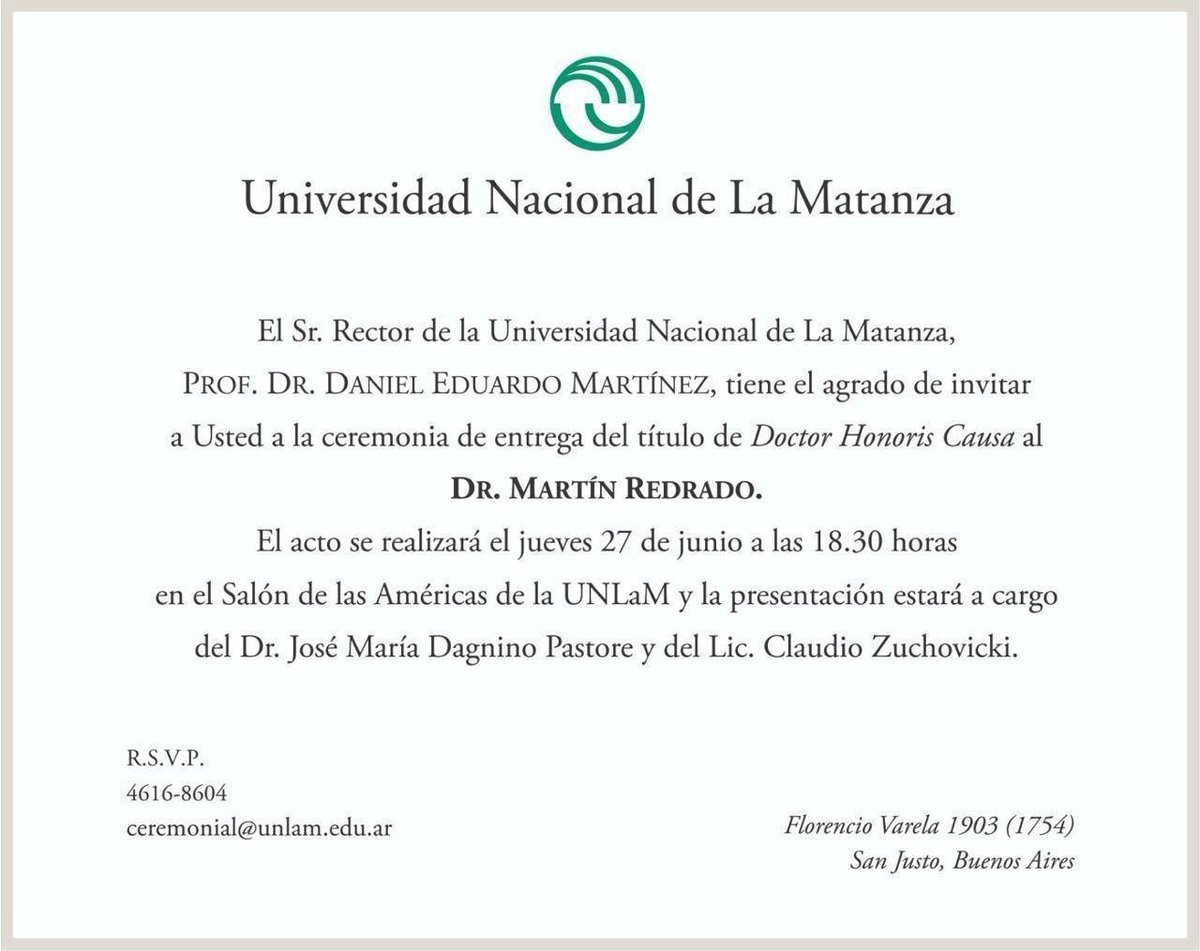 La invitaci&oacute;n al acto de Redrado en la UNLaM.