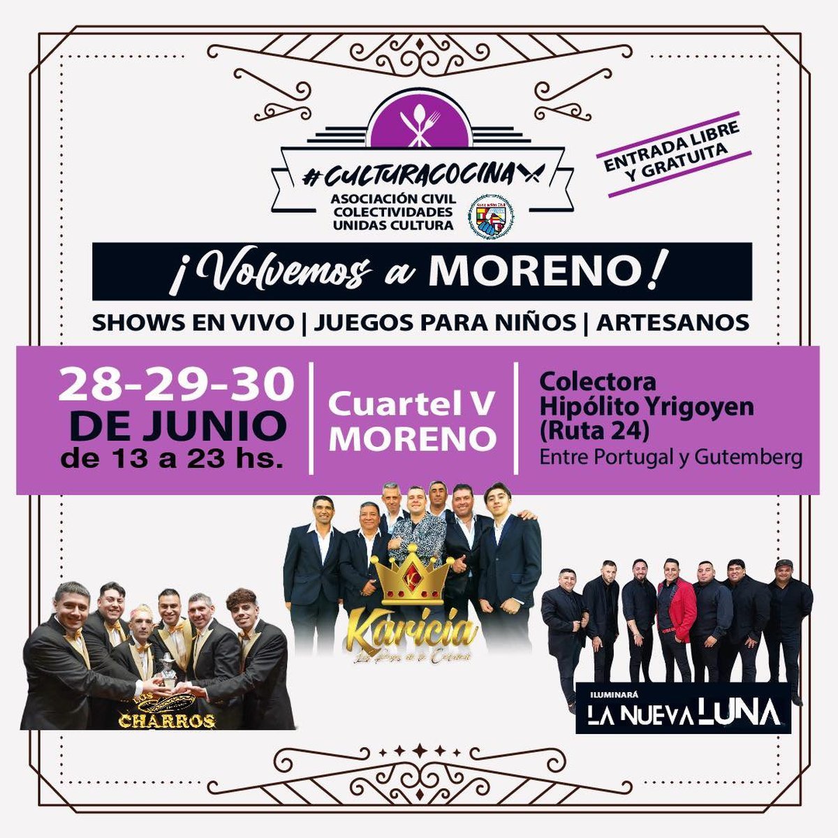 Moreno recibir&aacute; a Los Charros, Iluminar&aacute; La Nueva Luna, Karicia y la feria de colectividades 