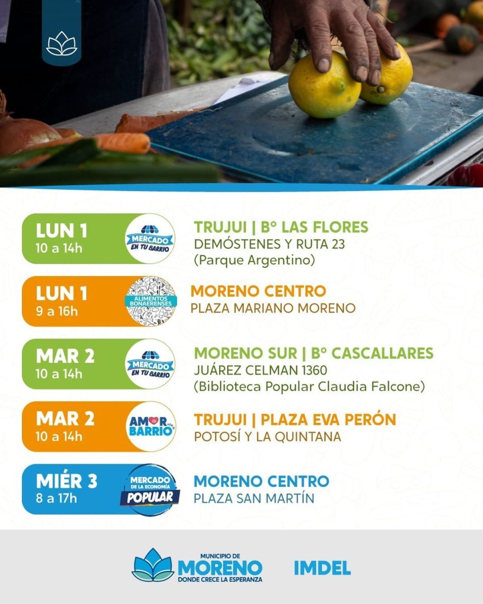 El cronograma de los mercados itinerantes de Moreno para los pr&oacute;ximos d&iacute;as.