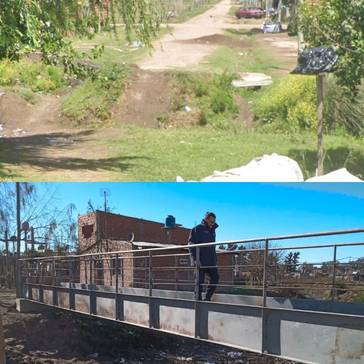 El antes y despu&eacute;s del puente en Moreno Sur.