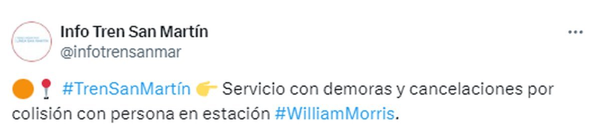 Demoras y cancelaciones en el Tren San Mart&iacute;n por un accidente en William Morris.
