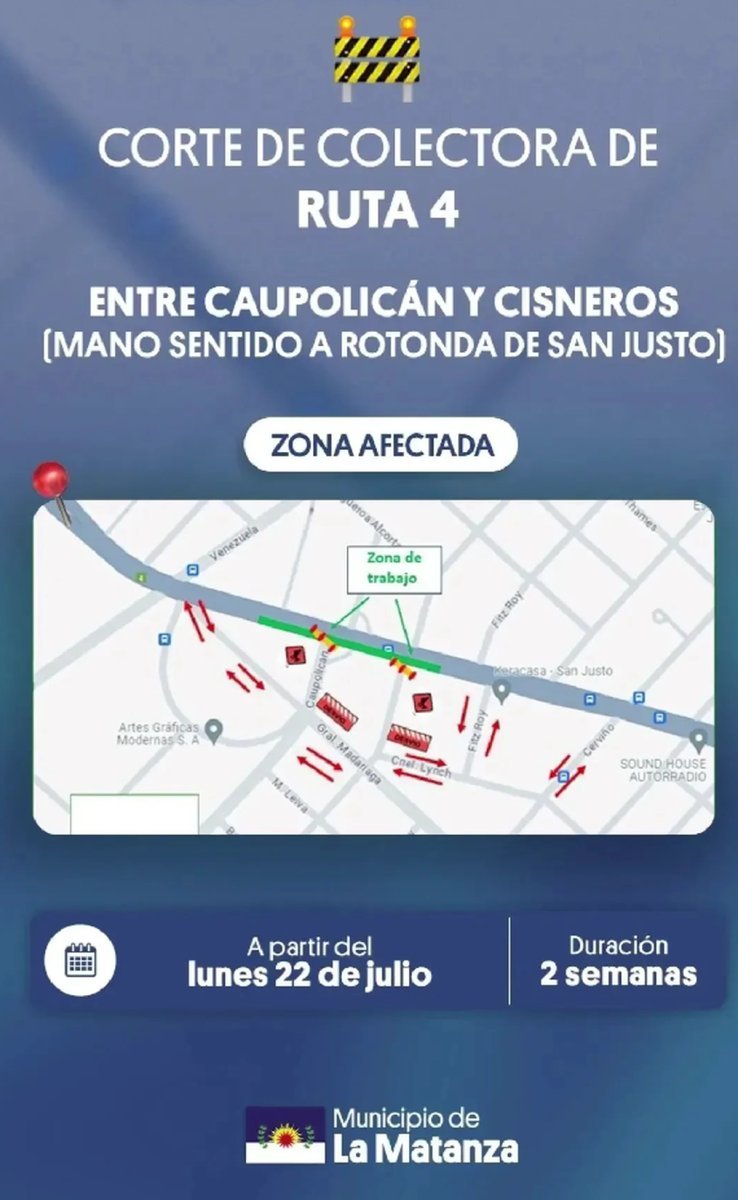 Corte sobre la colectora de Ruta 4 en La Matanza por obras.
