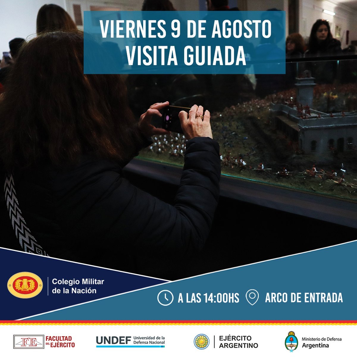 El flyer de la primera visita guiada gratuita al Colegio Militar de la Naci&oacute;n en El Palomar.