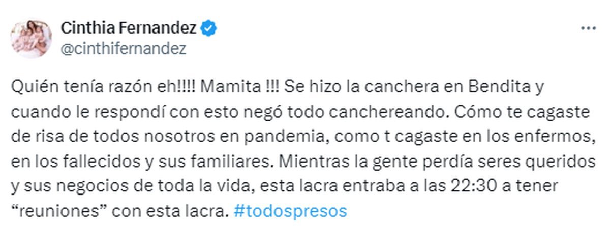 El posteo de Cinthia Fern&aacute;ndez en redes.