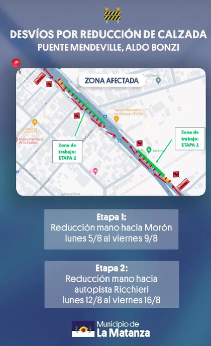 Obras en La Matanza: desv&iacute;os por reducci&oacute;n de calzada en Aldo Bonzi.