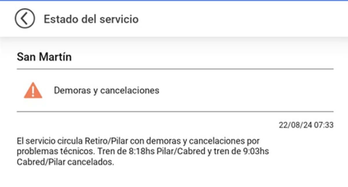 Un ramal de Tren Sarmiento y el San Mart&iacute;n funcionan con demoras y cancelaciones.