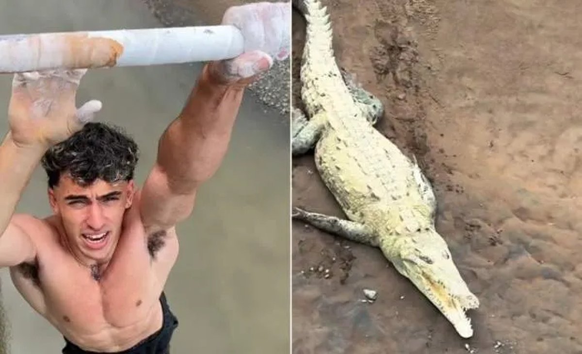 Captura de video del influencer argentino haciendo dominadas sobre cocodrilos.
