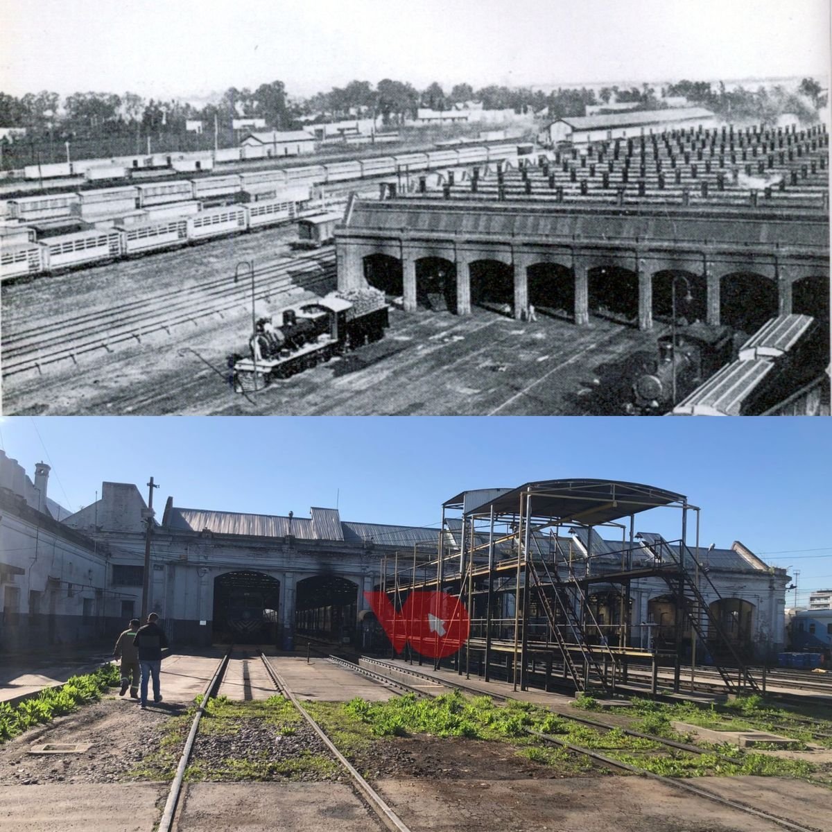 El Dep&oacute;sito de Locomotoras de Haedo en 1926 (arriba) y 2024 (abajo).