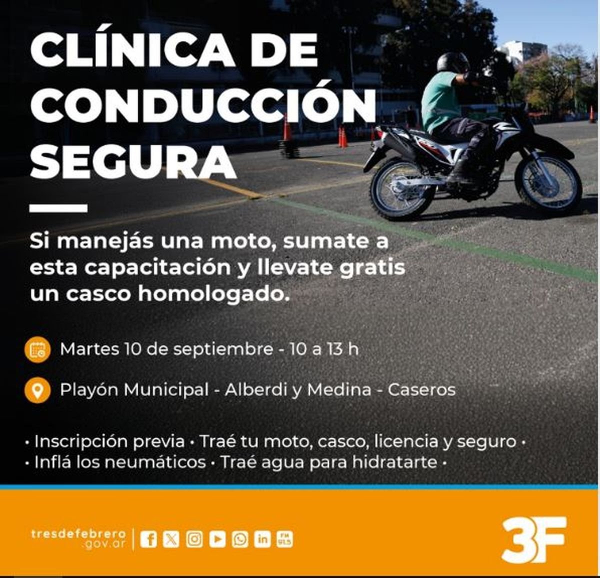 Un municipio del oeste regalar&aacute; un casco a quienes realicen una cl&iacute;nica gratuita de conducci&oacute;n segura en moto.