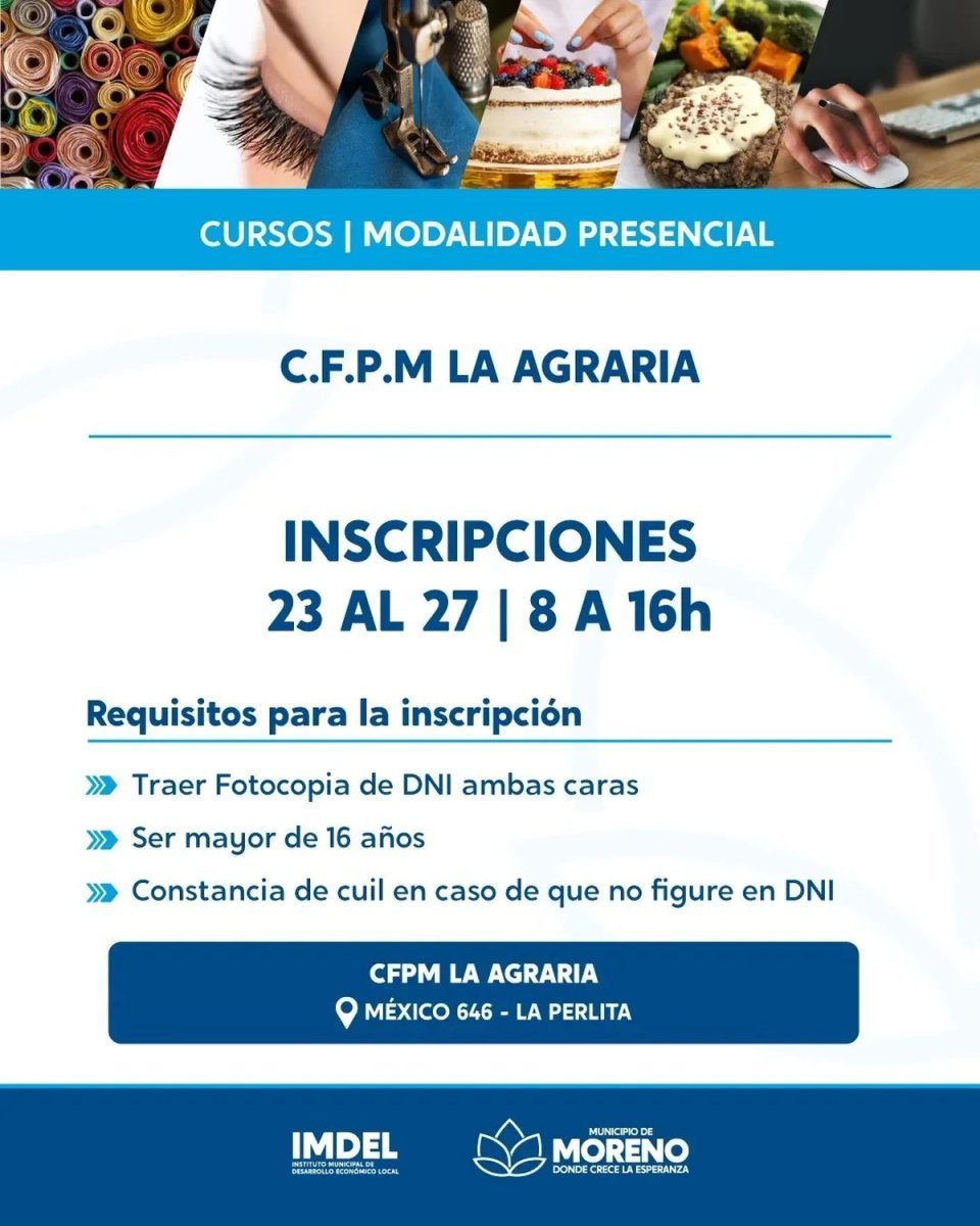 La Escuela de Formaci&oacute;n T&eacute;cnico Laboral de Moreno abri&oacute; la inscripci&oacute;n a varios cursos gratuitos.