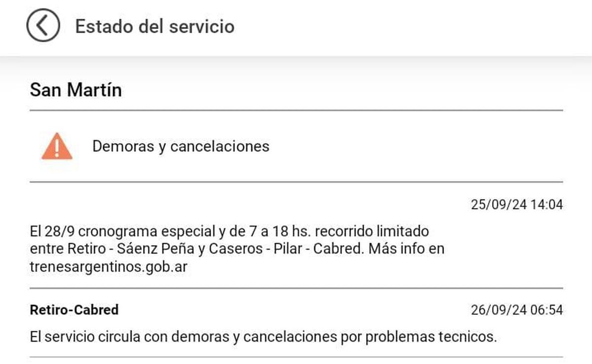 El Tren San Mart&iacute;n funciona con demoras.