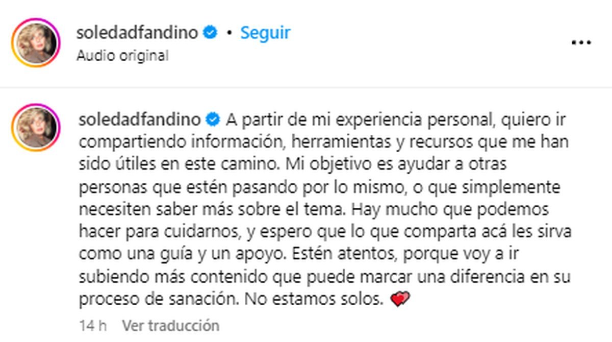 Soledad Fandi&ntilde;o cont&oacute; que tiene c&aacute;ncer de mama y dej&oacute; un mensaje para sus seguidores.