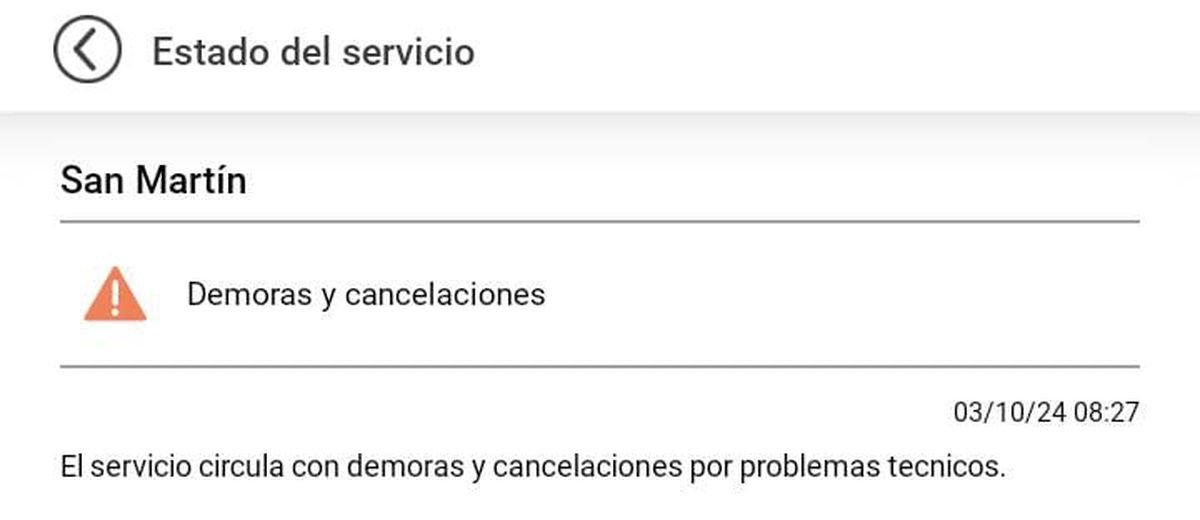 El Tren San Mart&iacute;n funciona con demoras y cancelaciones.
