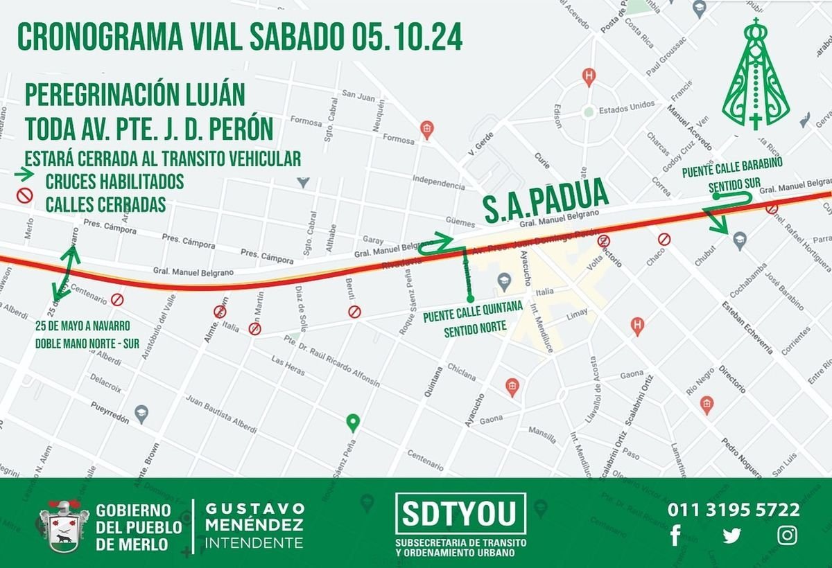 Modificaciones de tr&aacute;nsito en Merlo por la peregrinaci&oacute;n a Luj&aacute;n.