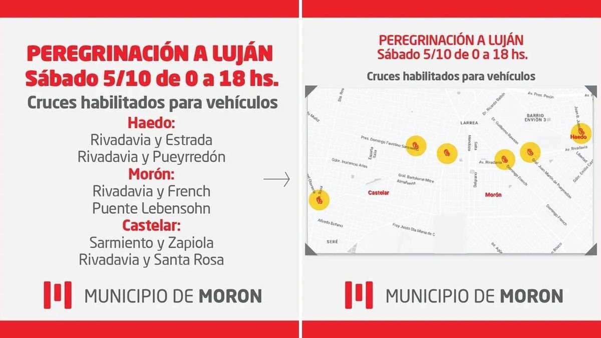 Peregrinaci&oacute;n a Luj&aacute;n: los cruces habilitados al tr&aacute;nsito en Mor&oacute;n.