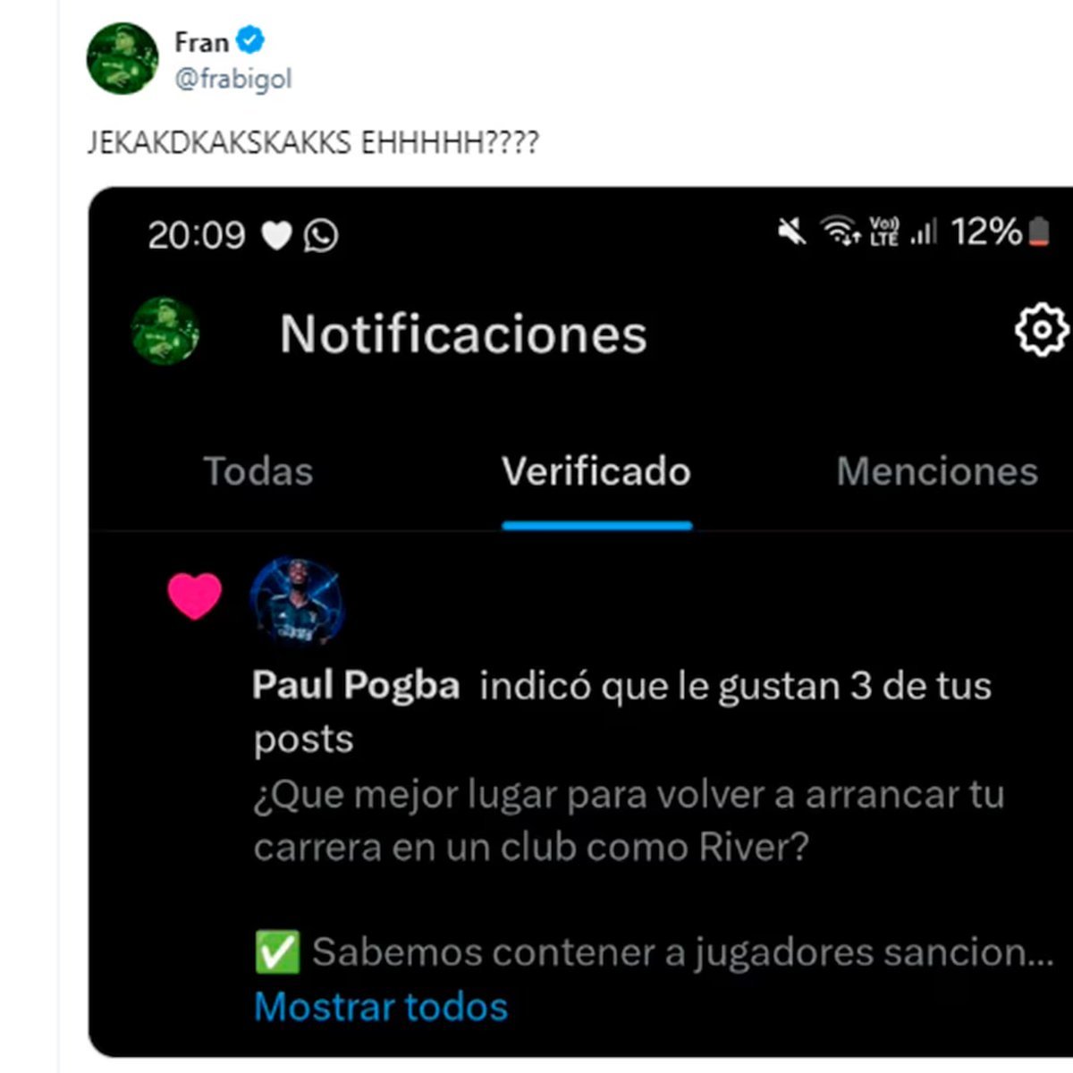 La captura de Paul Pogba que se volvi&oacute; viral ilusionando a hinchas de River Plate. Foto: Infobae.