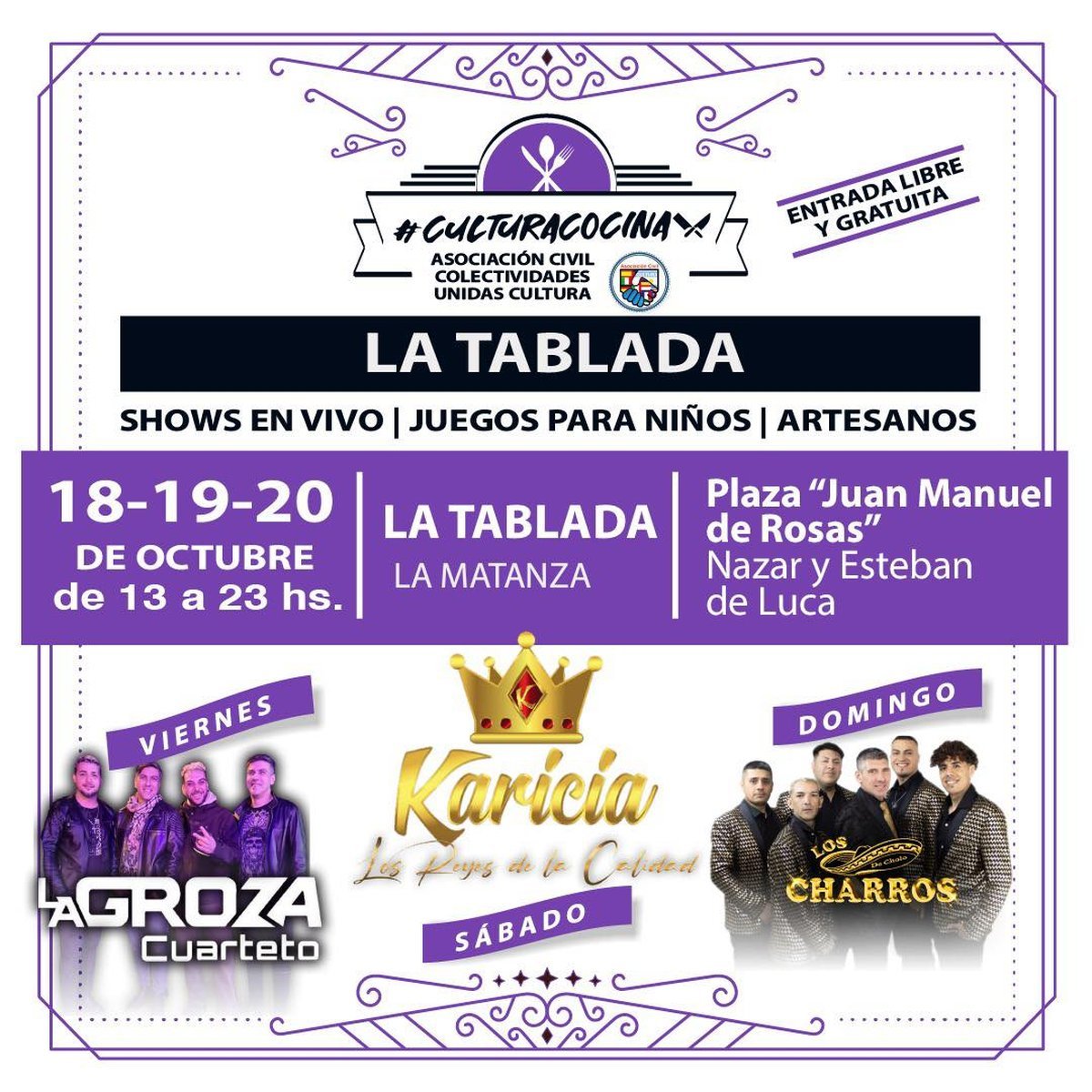 Los Charros, Grupo Karicia, La Groza, feria gastron&oacute;mica y m&aacute;s en La Matanza.