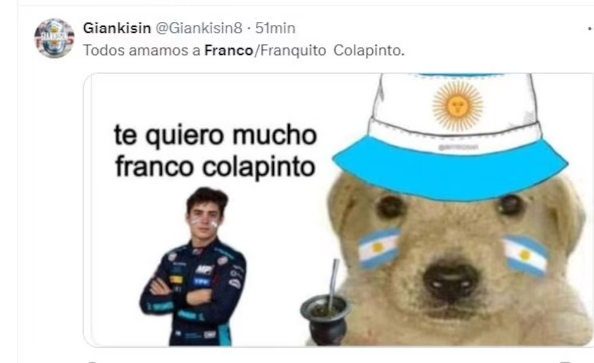 Los memes que circulan en las redes luego de la gran actuaci&oacute;n de Franco Colapinto en la F&oacute;rmula 1. Foto: Captura. 