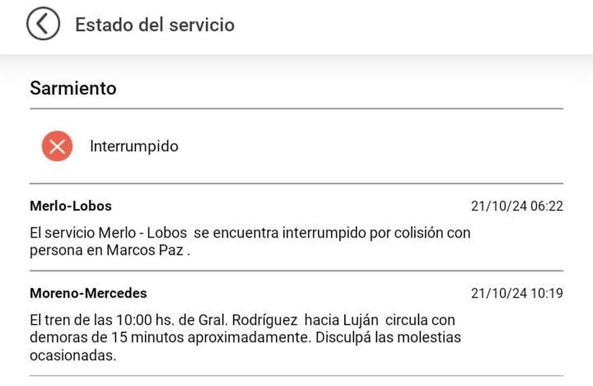 Tren Sarmiento: tras un accidente el ramal Merlo-Lobos se encuentra interrumpido.