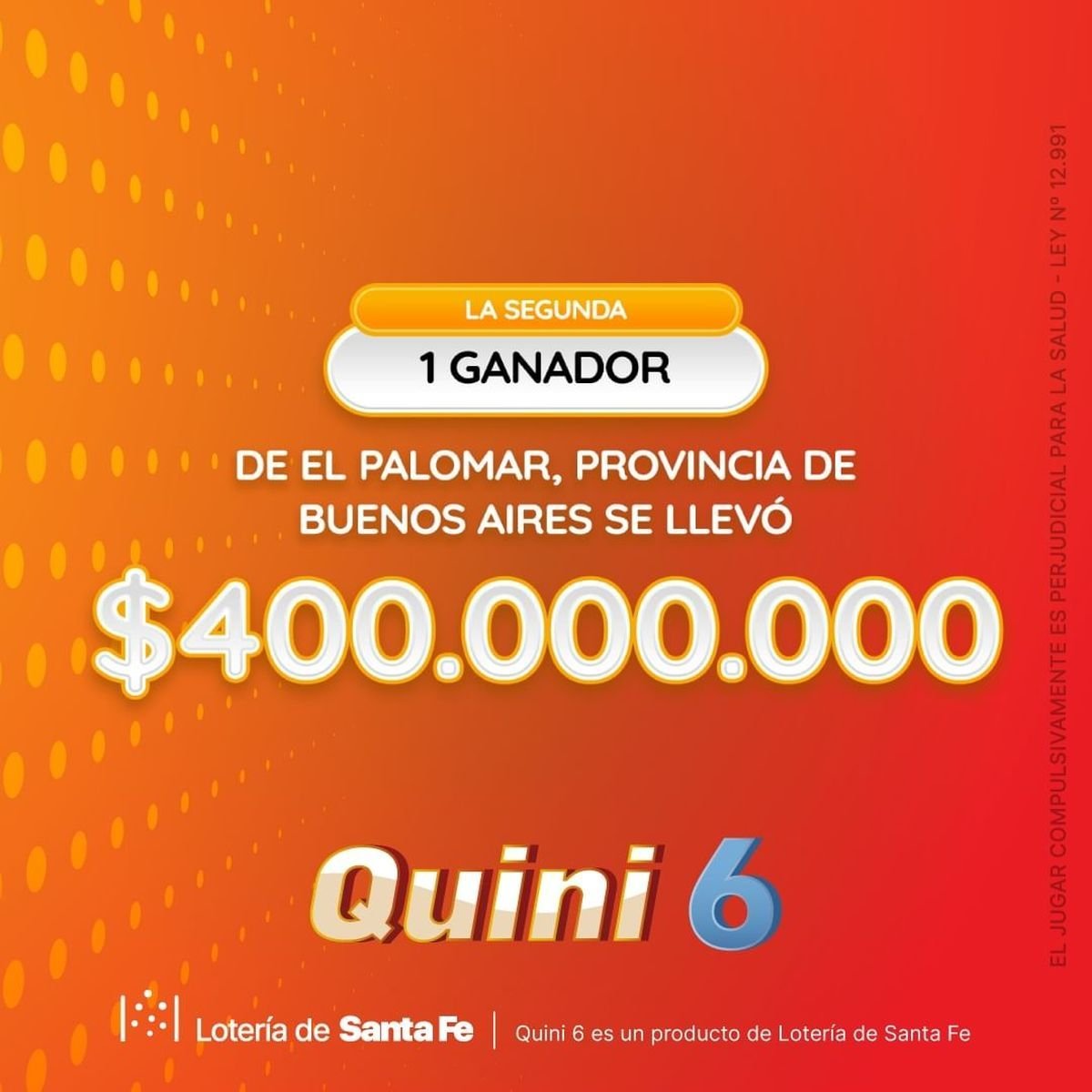 Un vecino de El Palomar gan&oacute; $400 millones en el Quini 6.