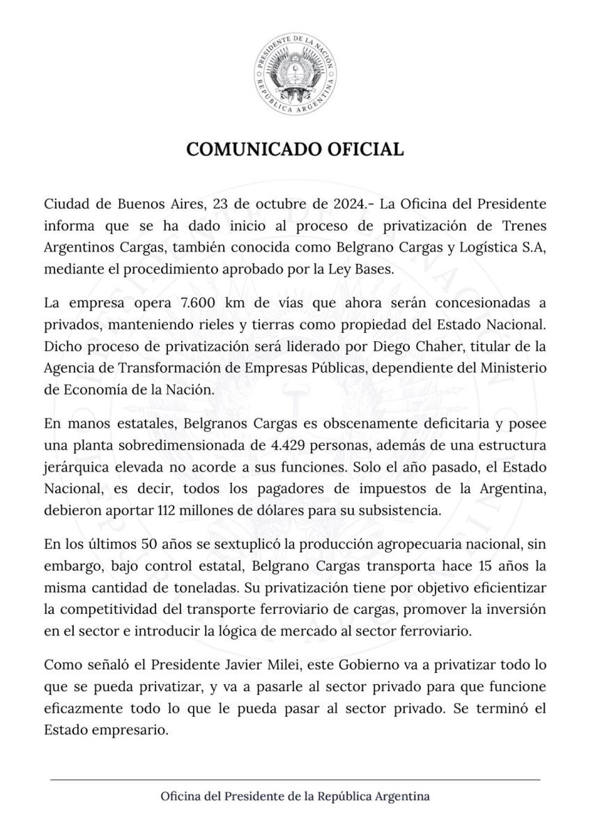 El Gobierno anunci&oacute; la privatizaci&oacute;n de Trenes Argentinos Cargas.