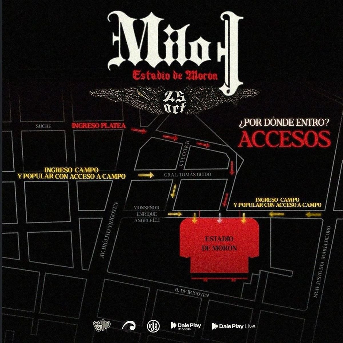 Recital de Milo J en el Club Deportivo Mor&oacute;n, mapa de accesos.