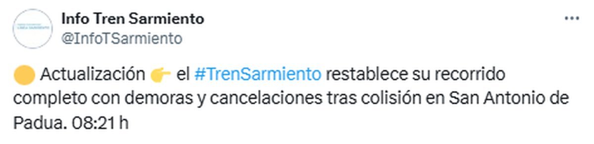 El Tren Sarmiento funciona con demoras y cancelaciones tras accidente.
