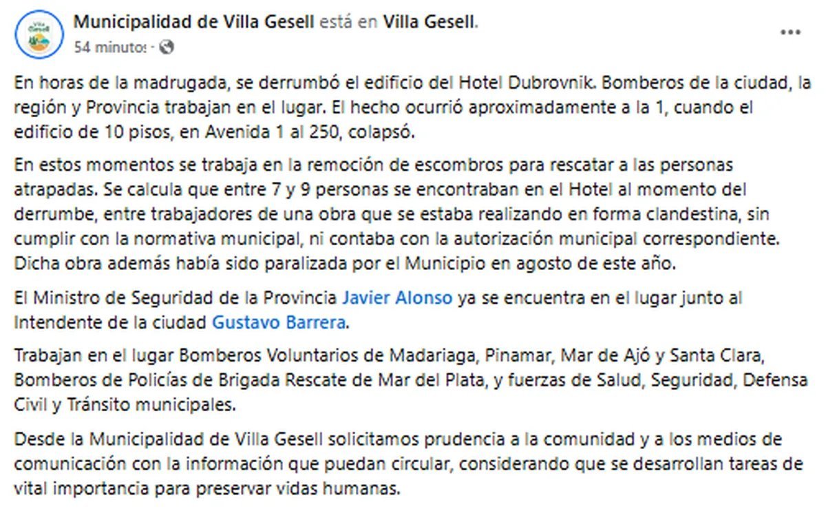 Comunicado de la Municipalidad de Villa Gesell tras el derrumbe.