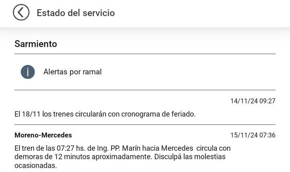 El estado del Tren Sarmiento para este viernes.