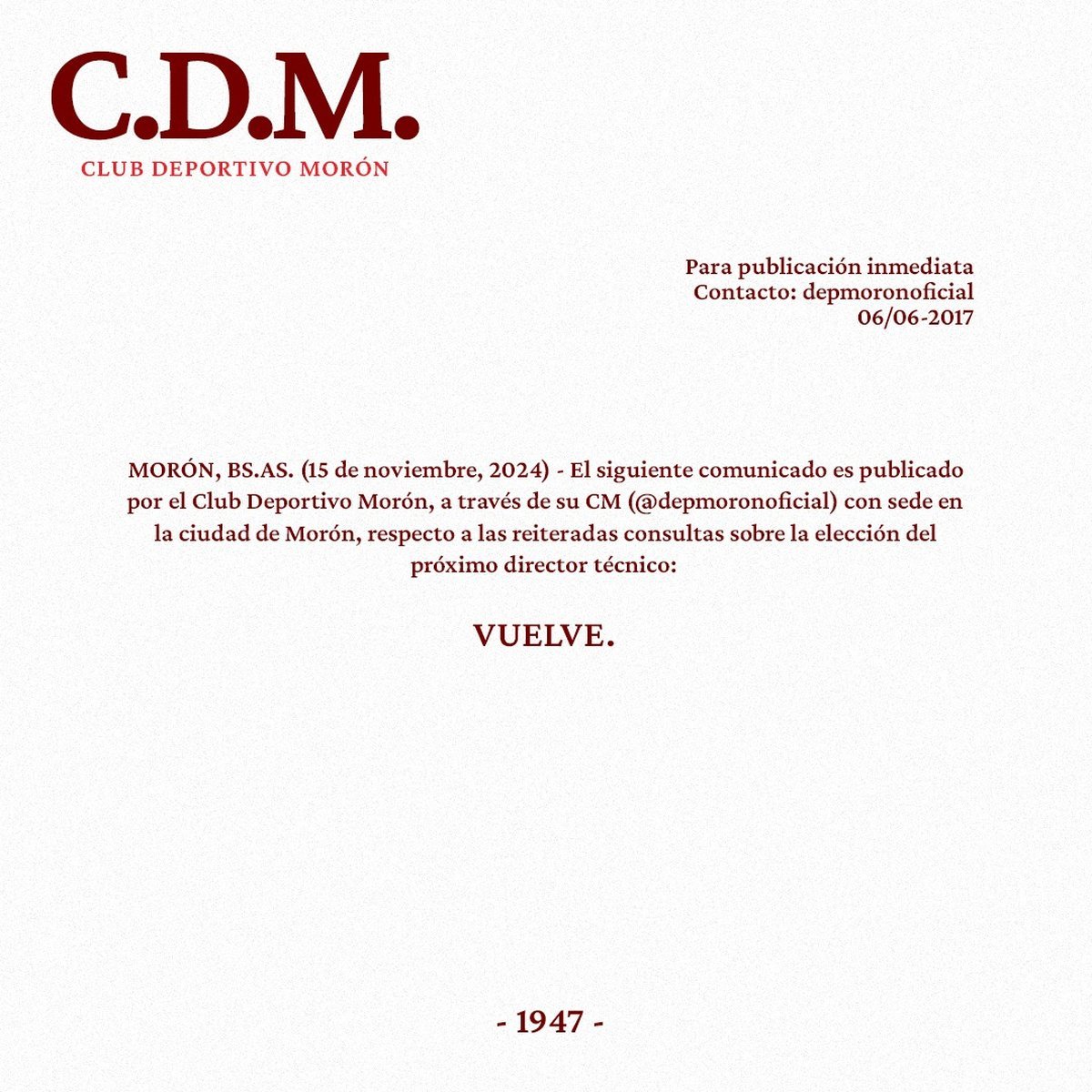El comunicado oficial de Deportivo Mor&oacute;n.