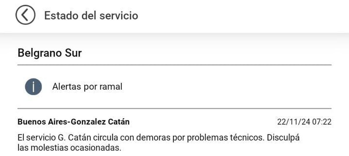 Estado del servicio Belgrano Sur.