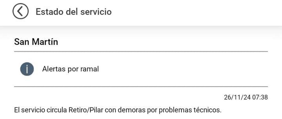 Estado del servicio del Tren San Mart&iacute;n.